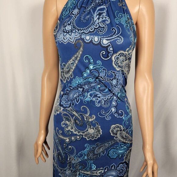 NWT Ariella Women's Mock/High Neck Sleeveless Blue Pattern Slit Maxi Dress Sz L - Picture 4 of 14